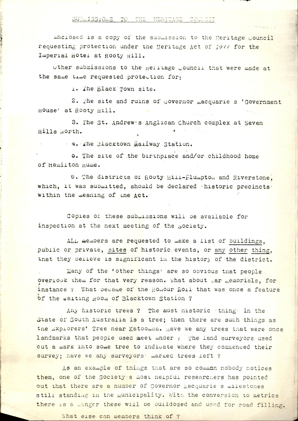 Submissions to the Heritage Council, c1980