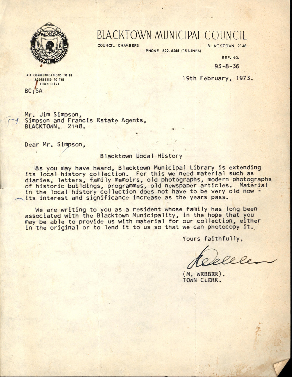 Letter from Max Webber to James (Jim) Simpson, 1973