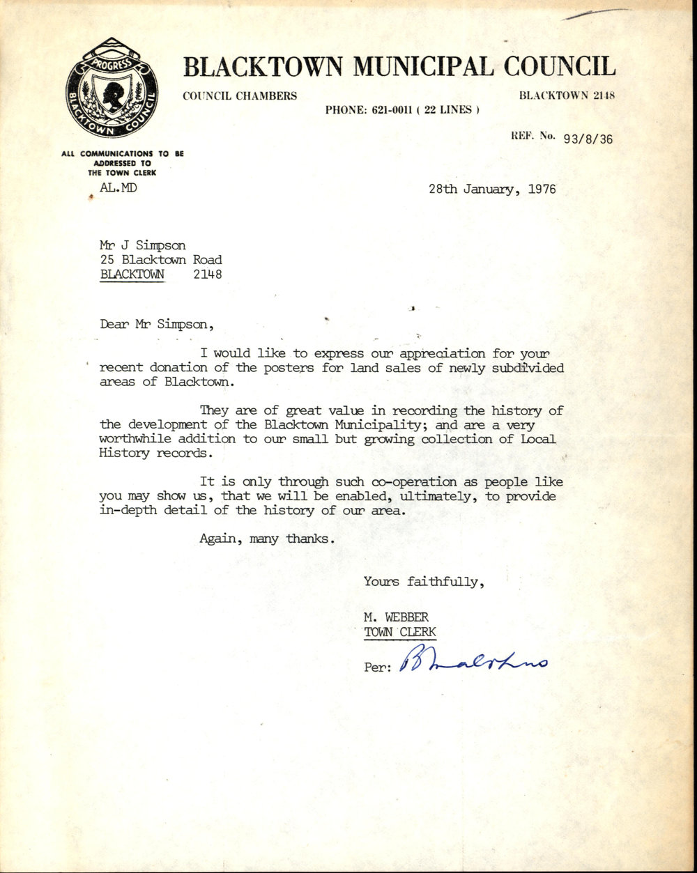 Donation of Subdivision Maps to Blacktown Municipal Library, 1976