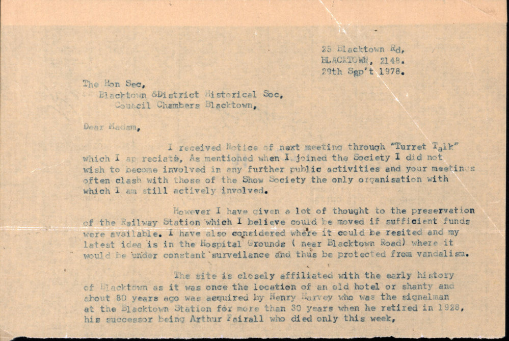 Letter from James Simpson to the Blacktown and District Historical Society, 1978