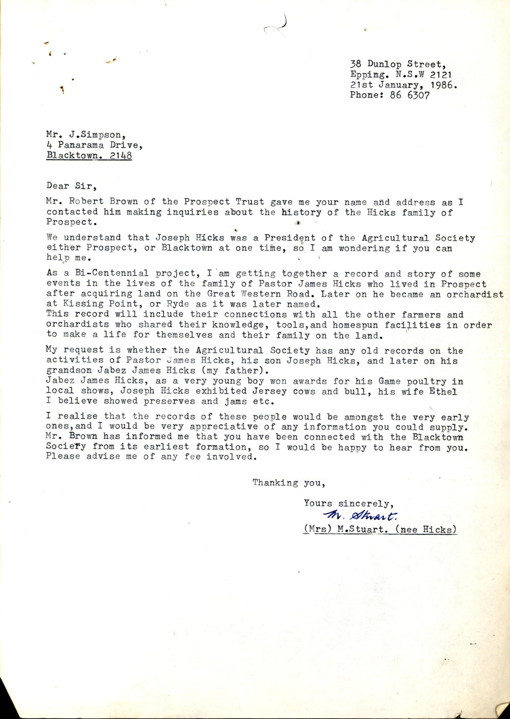 Letter from M Stuart to James (Jim) Simpson, 1986