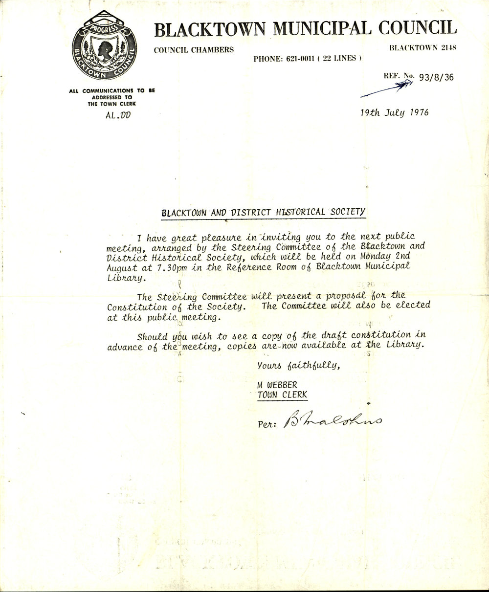 Letter Blacktown and District Historical Society, 1976