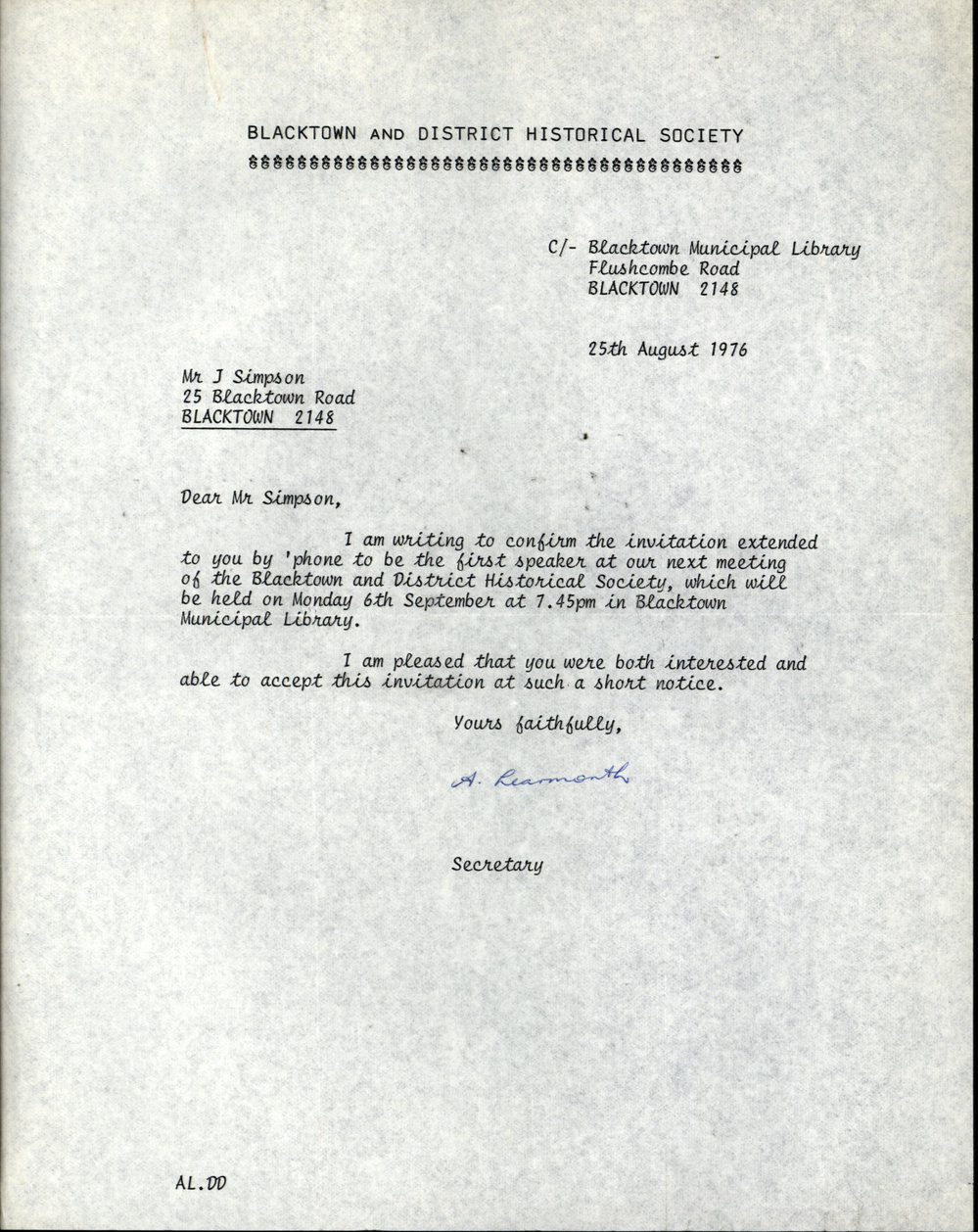 Invitation to Speak at Blacktown and District Historical Society Meeting, 1976