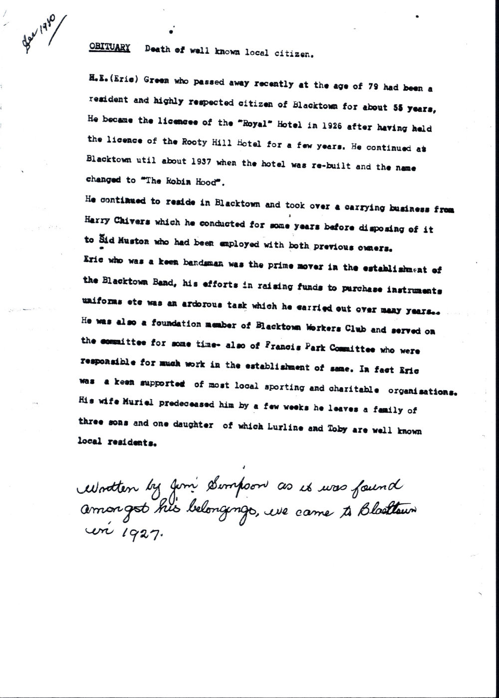 Henry Eric (Eric) Green, Obituary