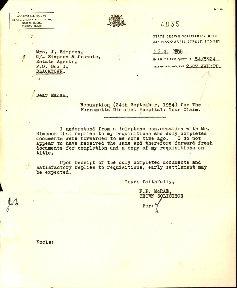 Resumption of Land for Hospital, Blacktown, 1956