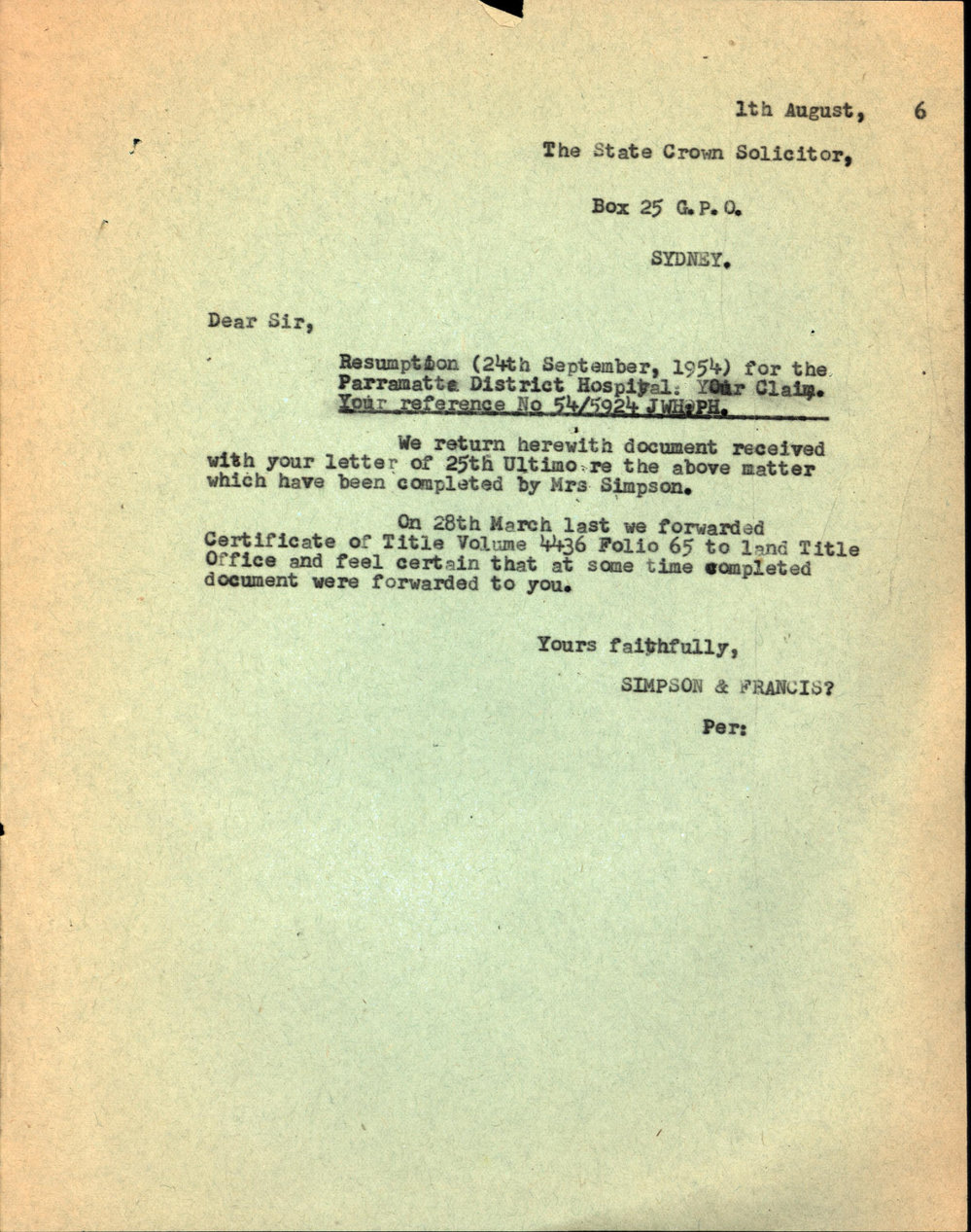Letter from James Simpson to the State Crown Solicitor, Aug 1956