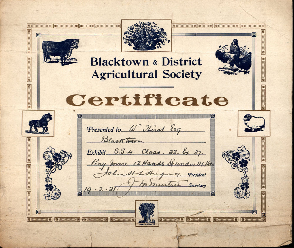 Blacktown and District Agricultural Society Certificate, 1921