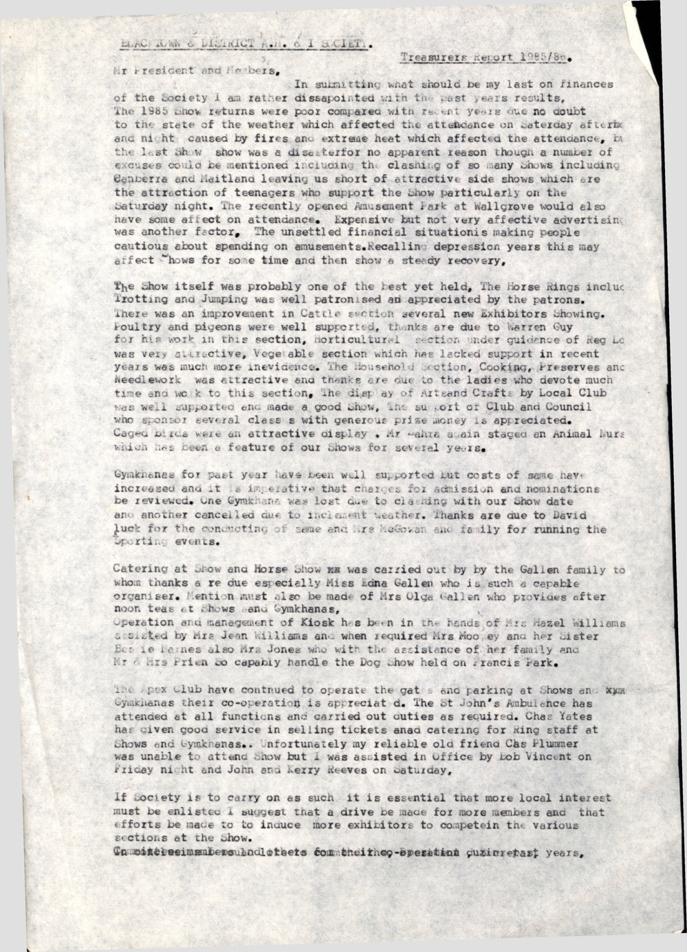 Blacktown and District Agricultural Horticultural Industrial Society, Treasurers Report, 1985/86