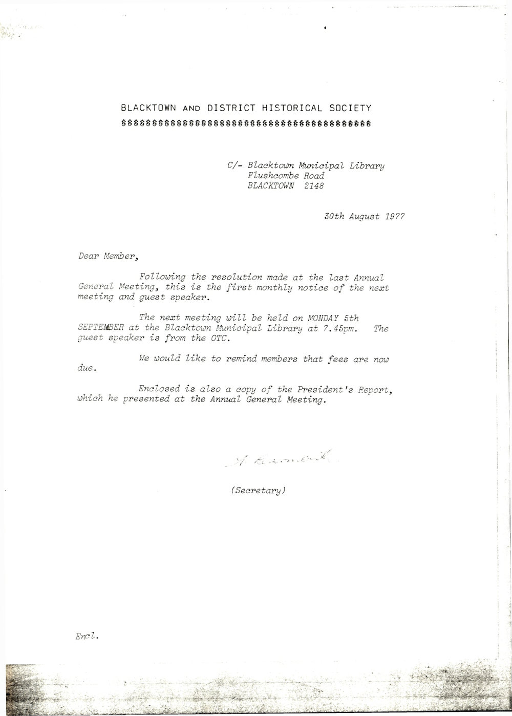 Blacktown and District Historical Society, Meeting September 1977