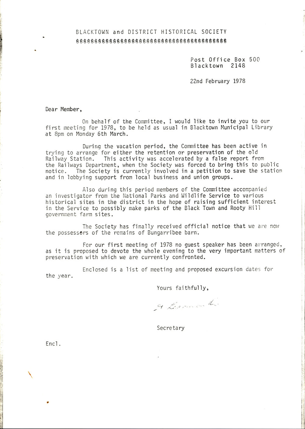 Blacktown and District Historical Society Meeting, March 1978