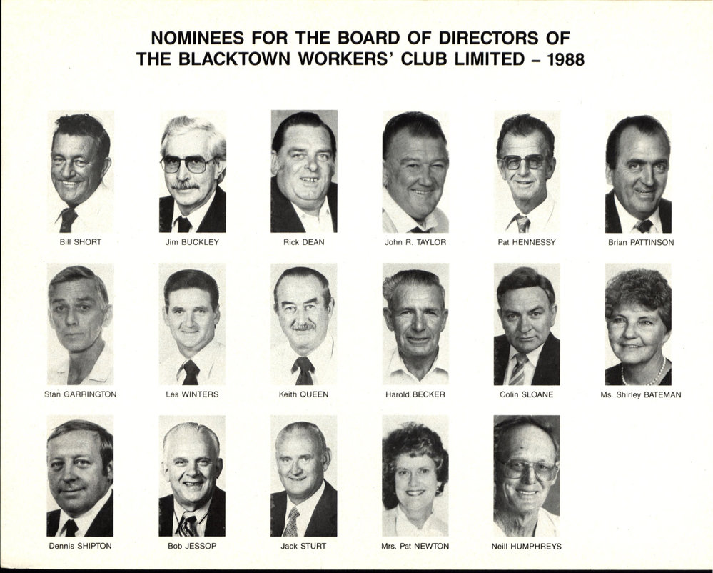 Blacktown Workers' Club Nominees for the Board of Directors, 1988