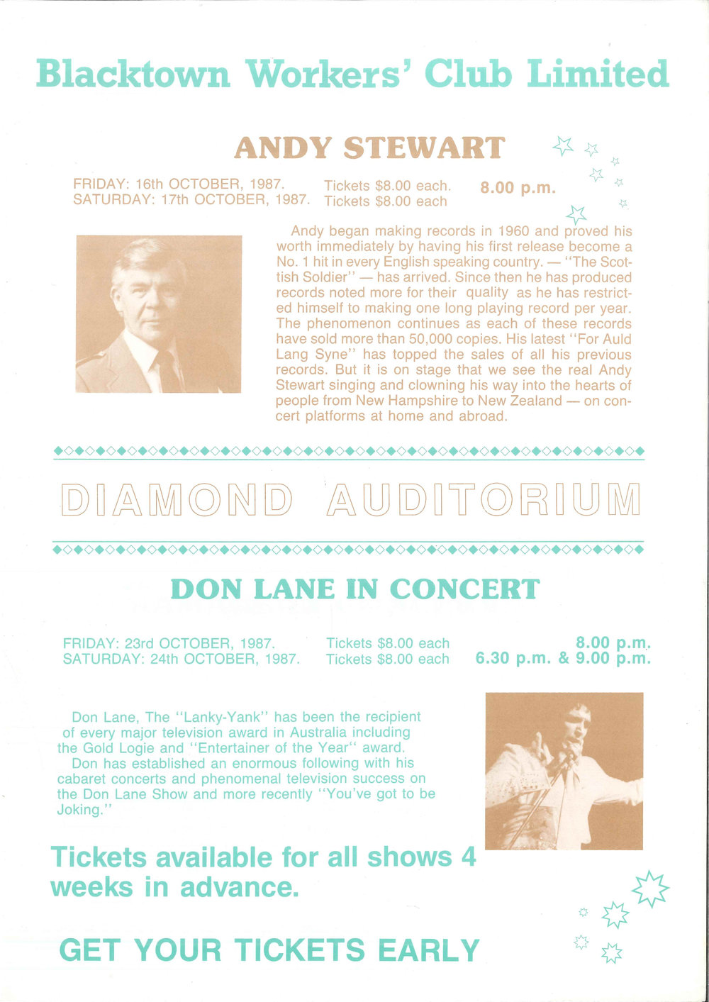 Blacktown Workers' Club Diamond Auditorium Entertainment, October-November, 1987