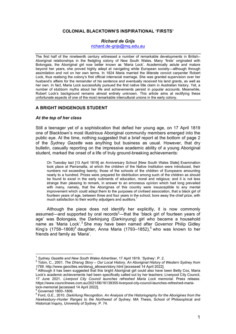 Colonial Blacktown's Inspirational 'Firsts' - Richard de Grijs