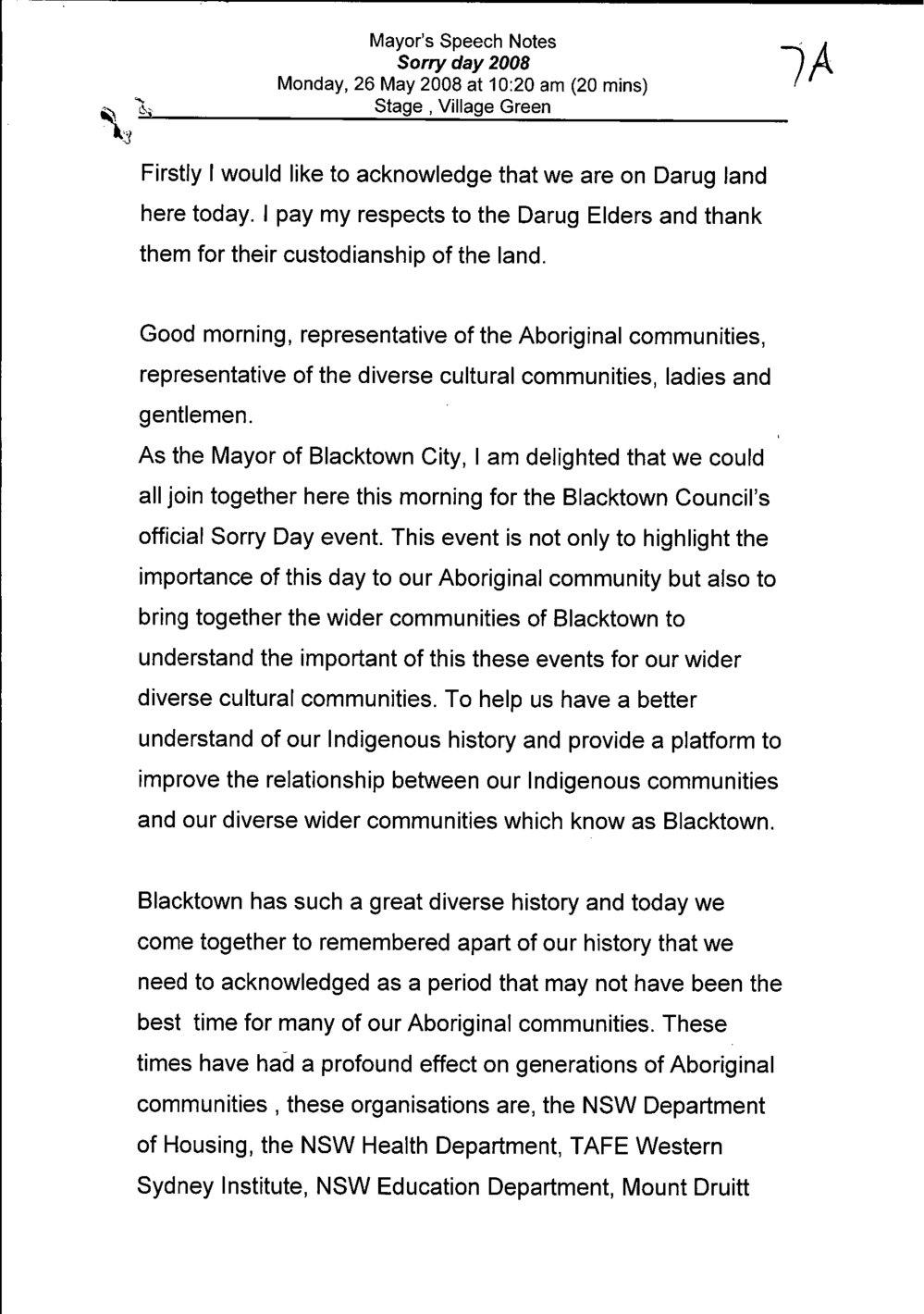 Mayor's Speech, Sorry Day, 2008 