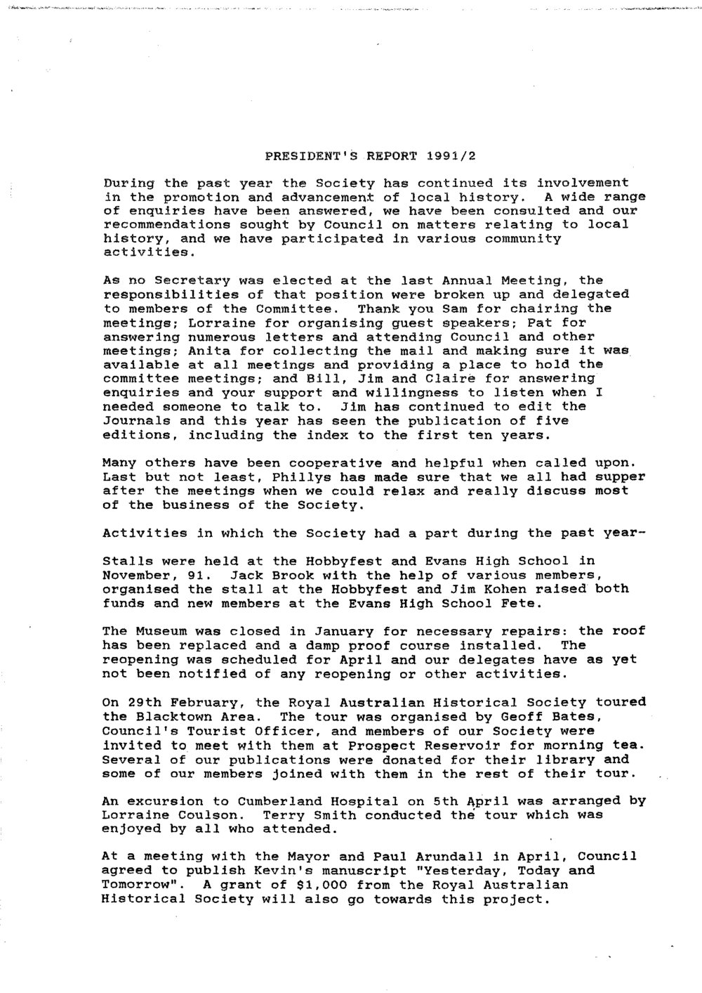 Blacktown and District Historical Society, President's Report, 1991-92