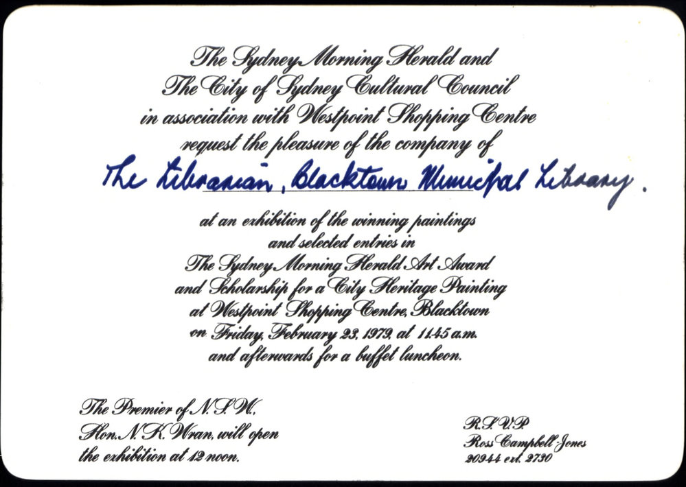 Invitation to Opening Sydney Morning Herald Art Award and Scholarship for a City Heritage Painting Exhibition, 1979
