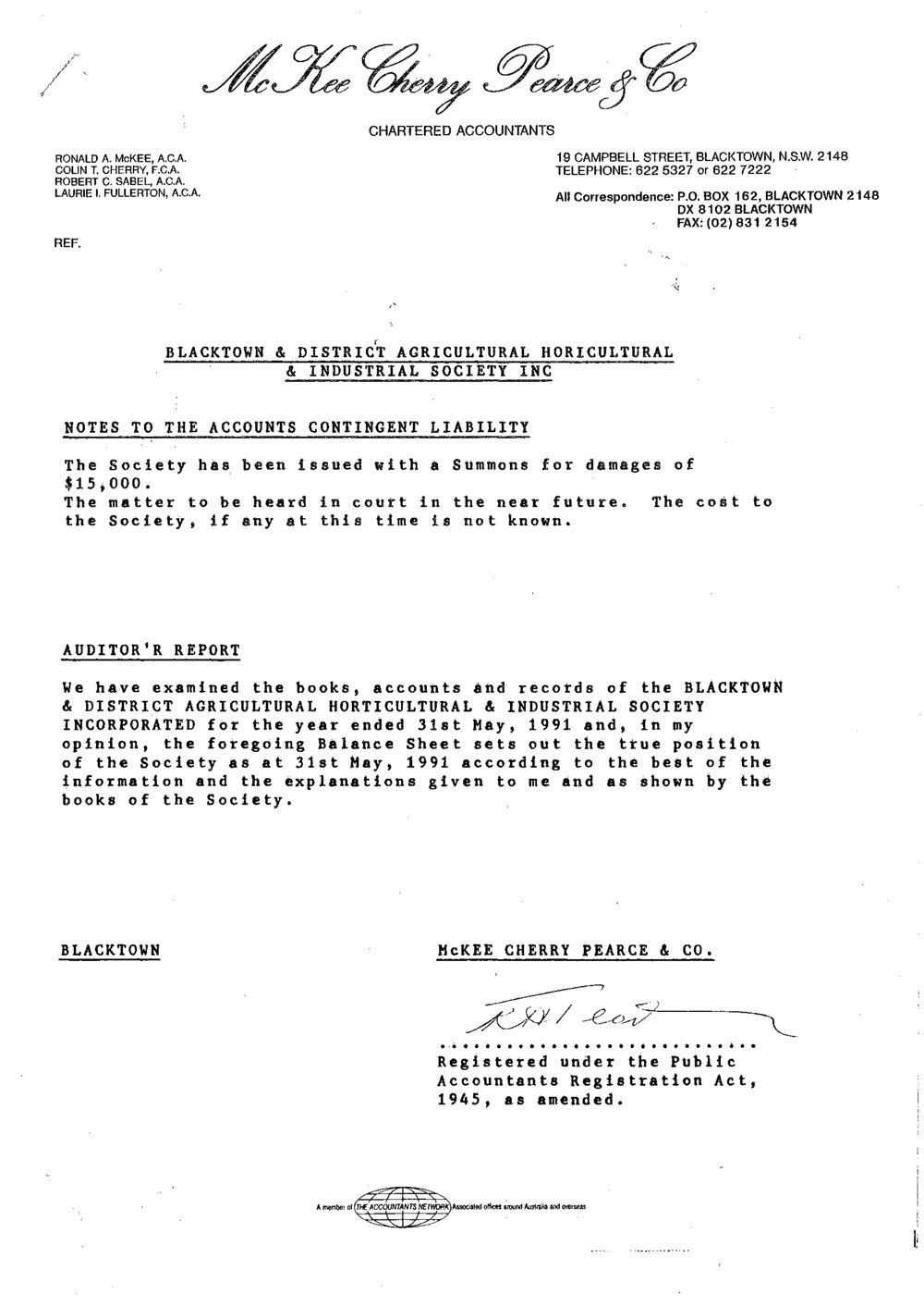 Blacktown &amp; District Agricultural, Horticultural and Industrial Society Inc, Auditor's Report, 1990-1991