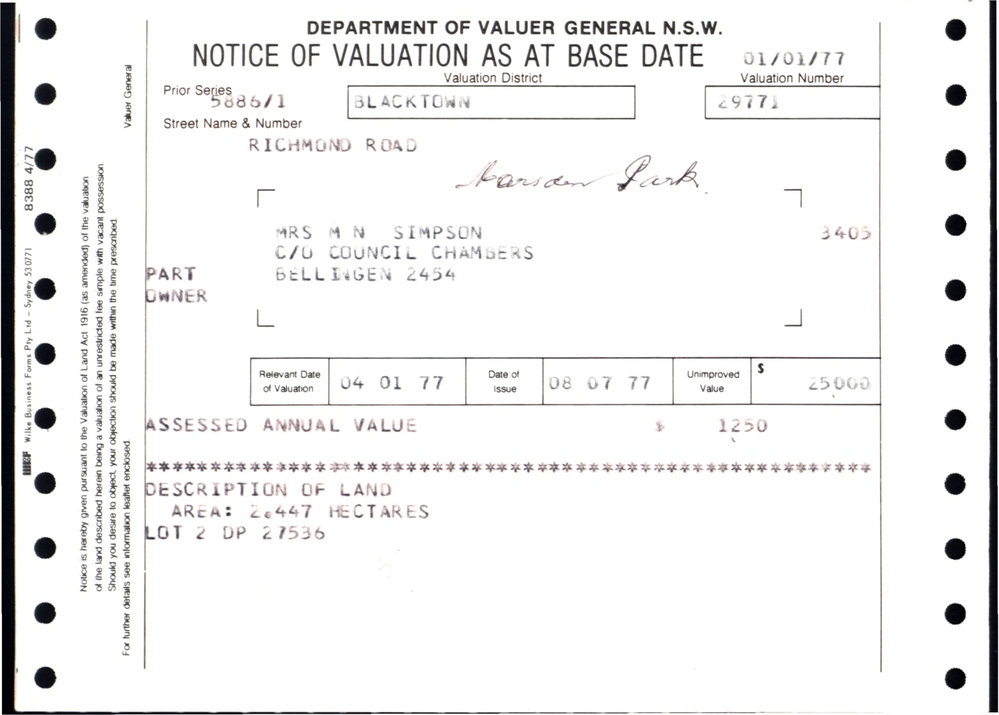 Notice of Valuation, Lot 2 DP27536, 1977