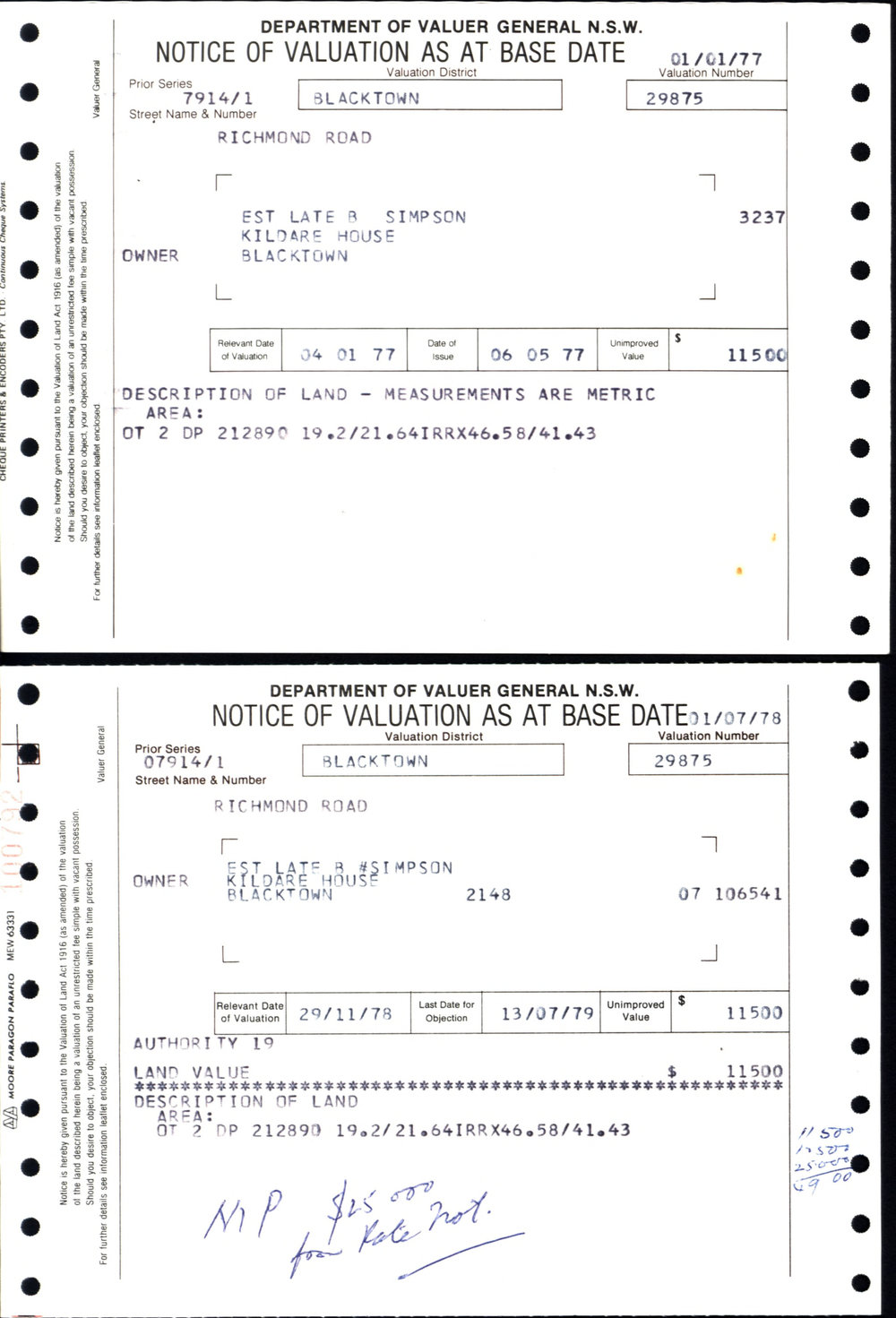 Notice of Valuation, Lot 2 DP212890, 1977-1978