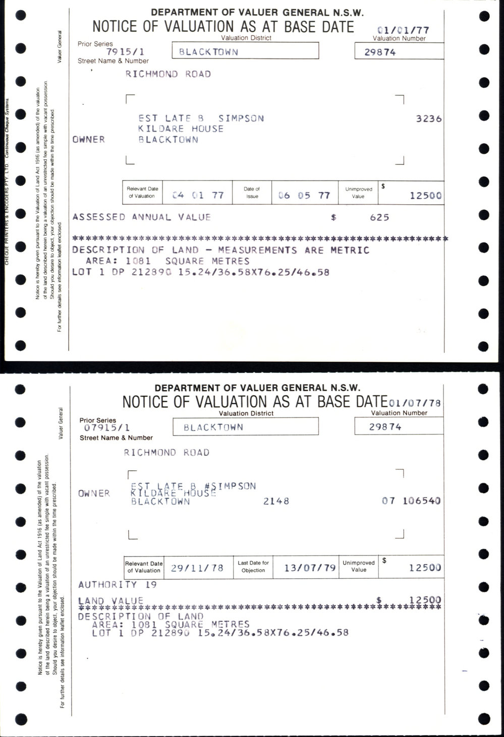 Notice of Valuation, Lot 1 DP212890, 1977-1978