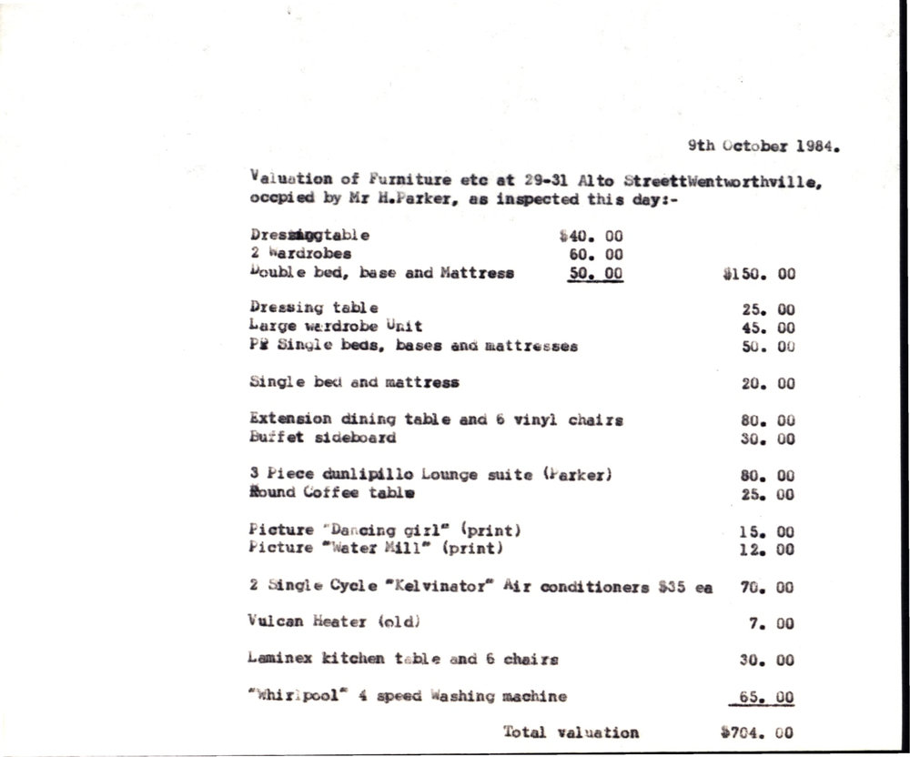 Valuation of Furniture etc at 29-31 Alto Street, Wentworthville, 1984