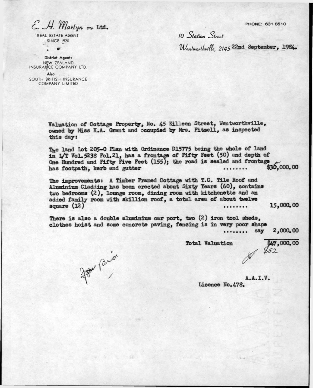 Valuation of Cottage, 45 Killeen Street, Wentworthville, 1984