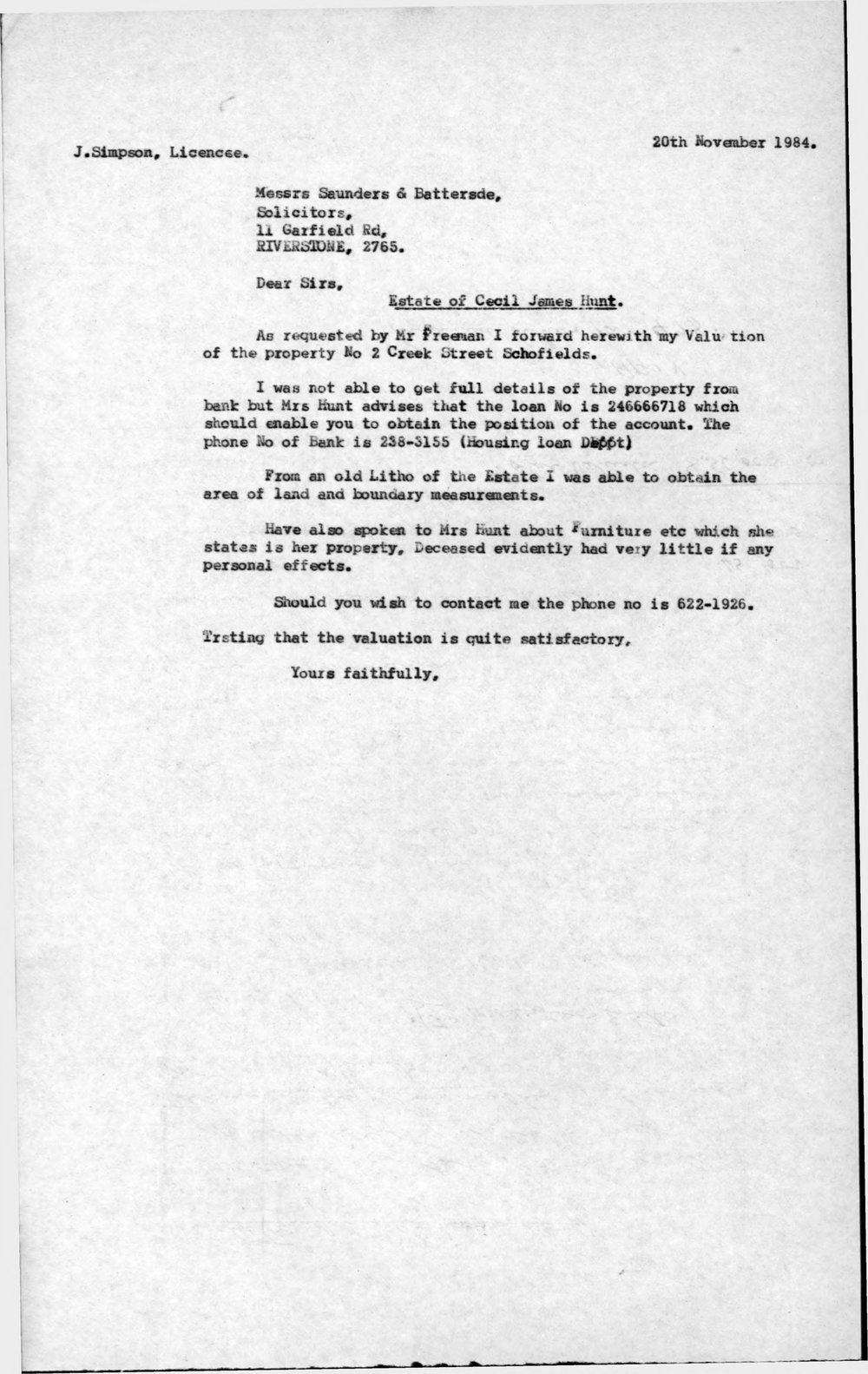 Letter from James (Jim) Simpson to  Saunders and Batterade, 1984