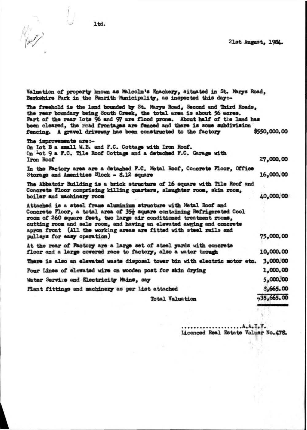 Valuation of Property Known as Malcolm's Knackery, Berkshire Park, 1984