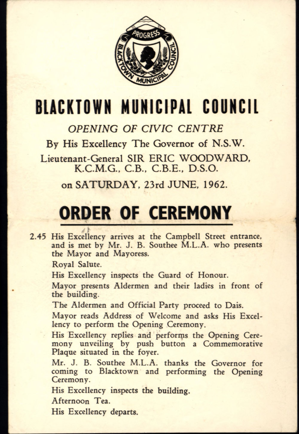 Order of Ceremony, Opening of Blacktown Municipal Council Civic Centre, 1962