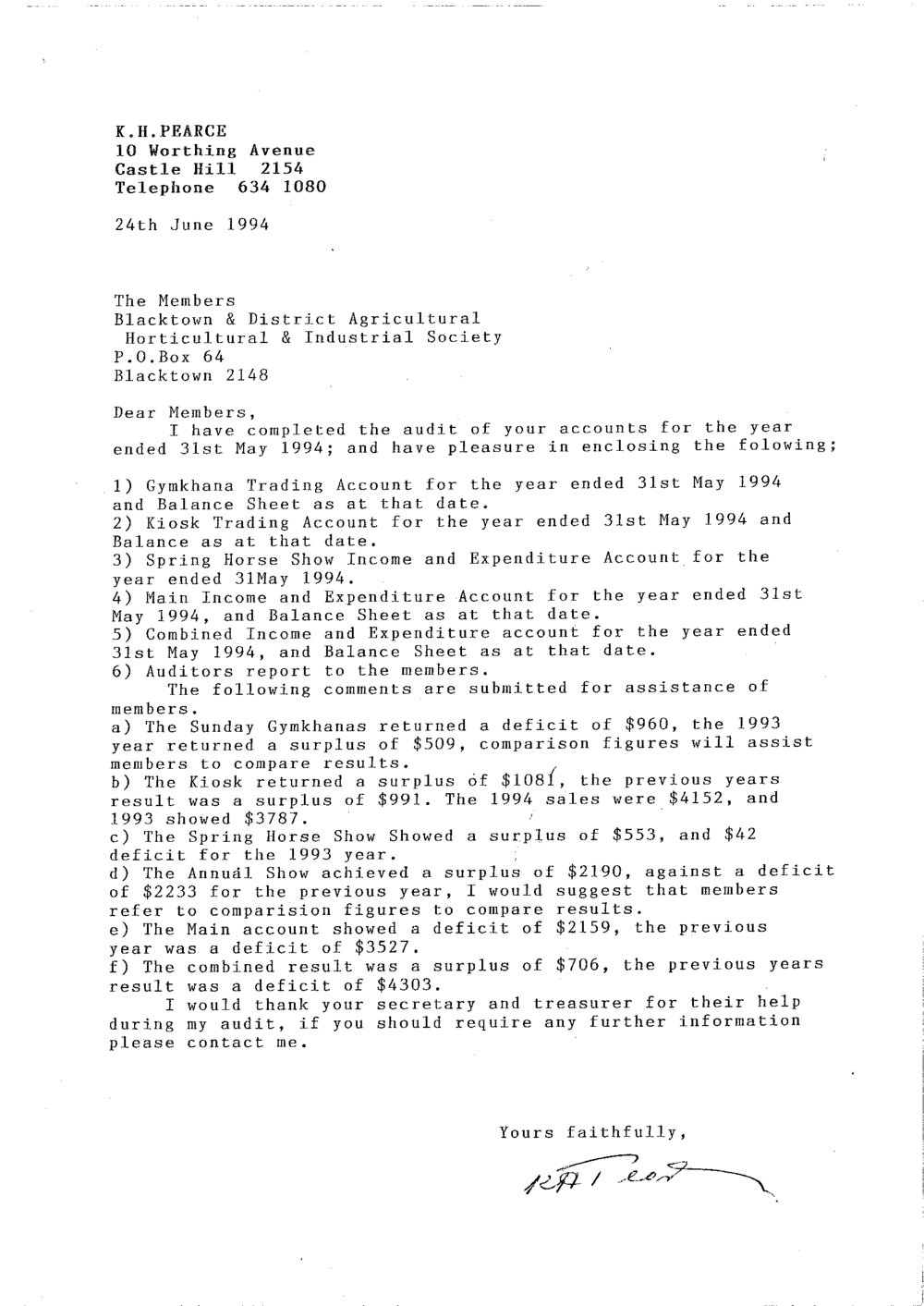  Blacktown and District Agricultural, Horticultural and Industrial Society Accounts, 1994