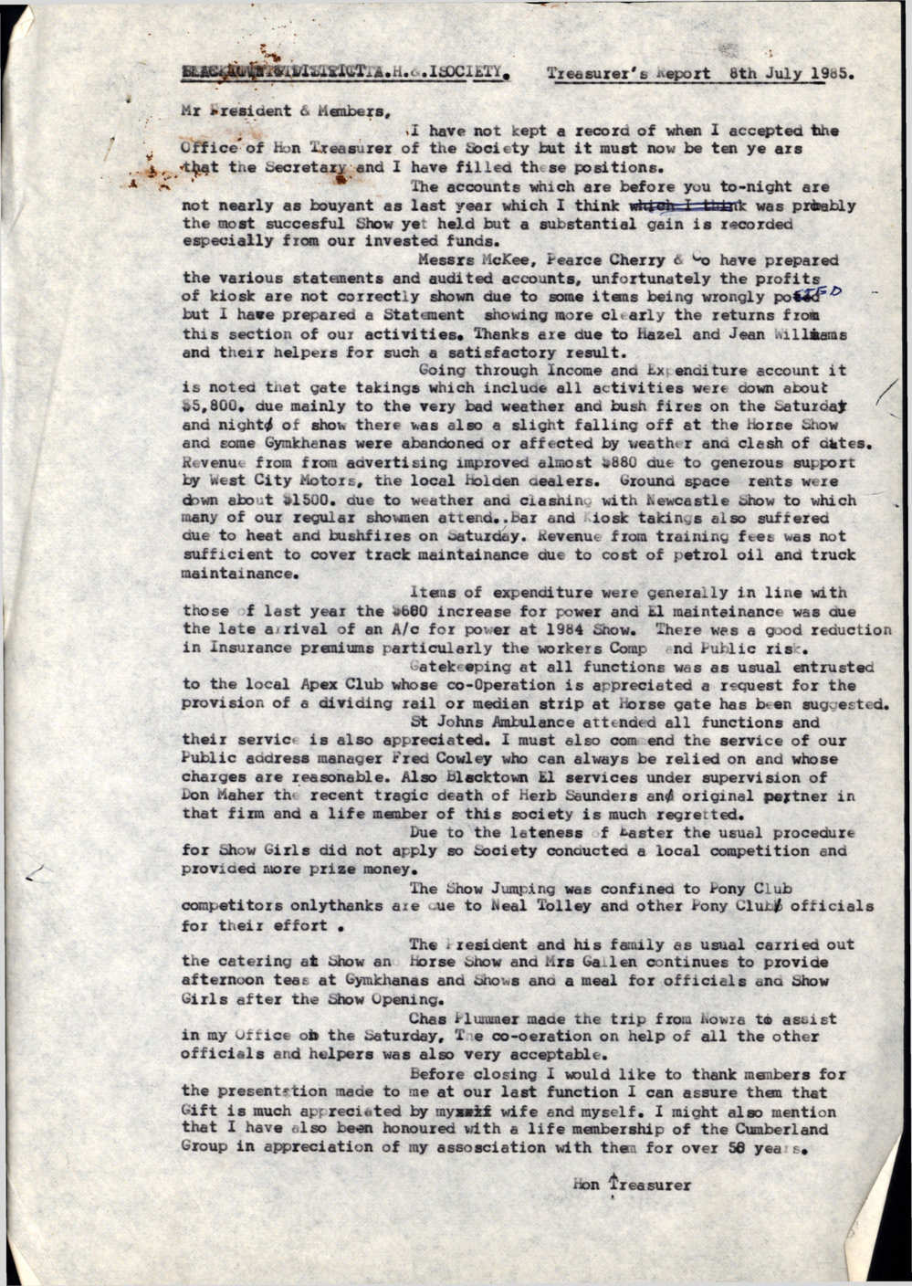 Blacktown and District Agricultural, Horticultural and Industrial Society,  Treasurer's Report, 1985