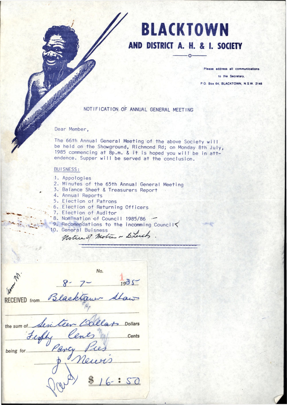 Blacktown and District Agricultural Horticultural and Industrial Society, Annual General Meeting Agenda, 1985