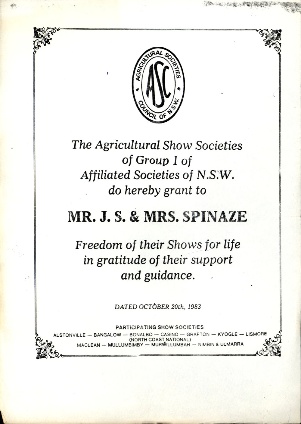 Freedom of Show  Certificate, 1983