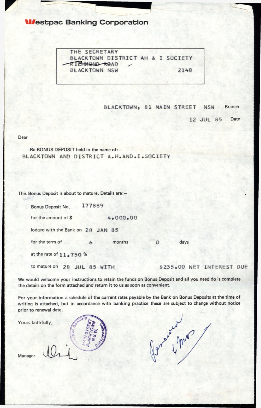 Blacktown District Agricultural, Horticultural and Industrial Society Bank Statement, 1985