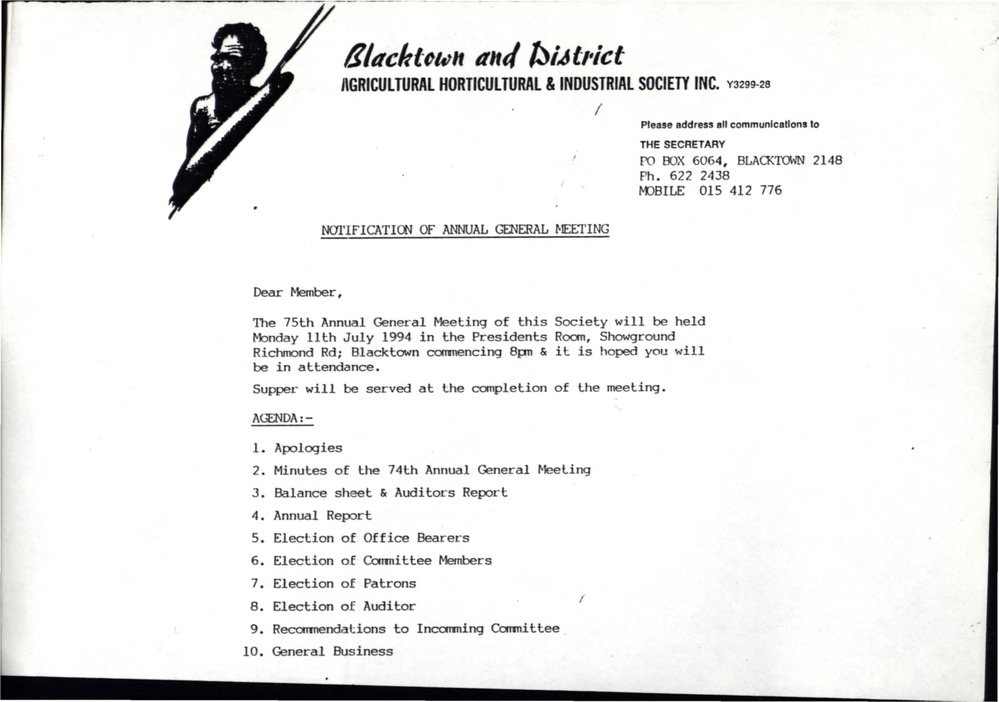 Notification of Annual General Meeting, Blacktown and District Agricultural Horticultural and Industrial Society Inc, 1994