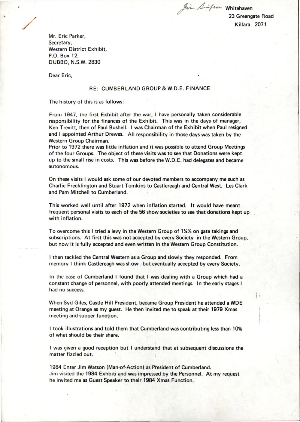 Letter from John Sharpe to James (Jim) Simpson, Secretary Western District Exhibit, c1985