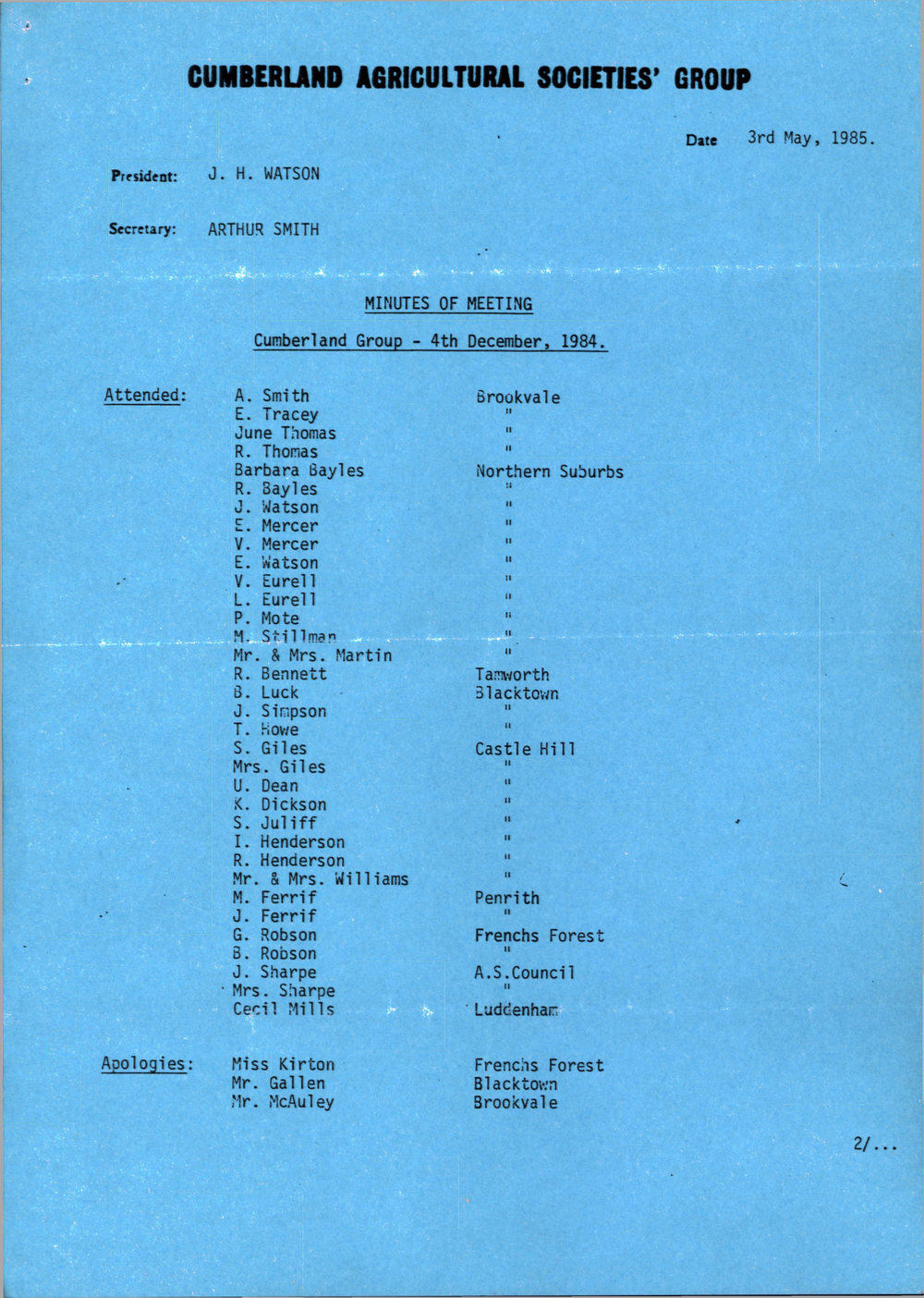 Cumberland Agricultural Societies' Group, Meeting May 1985