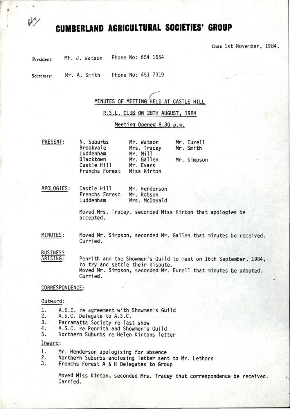 Cumberland Agricultural Societies' Group Meeting, November 1984