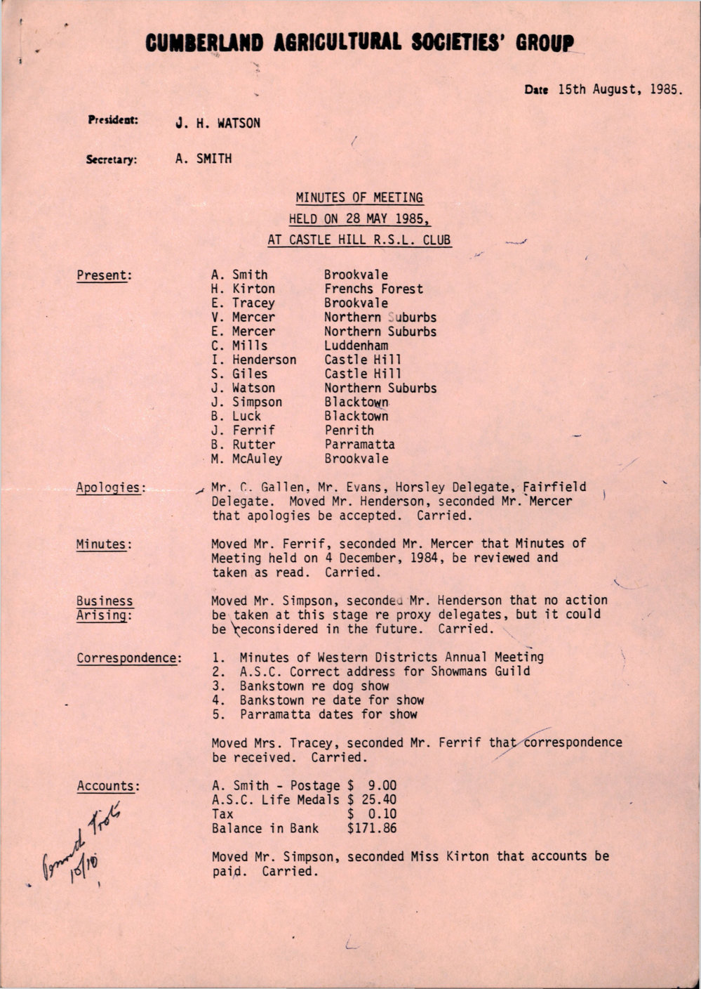 Cumberland Agricultural Societies' Group Meeting, May 1985.