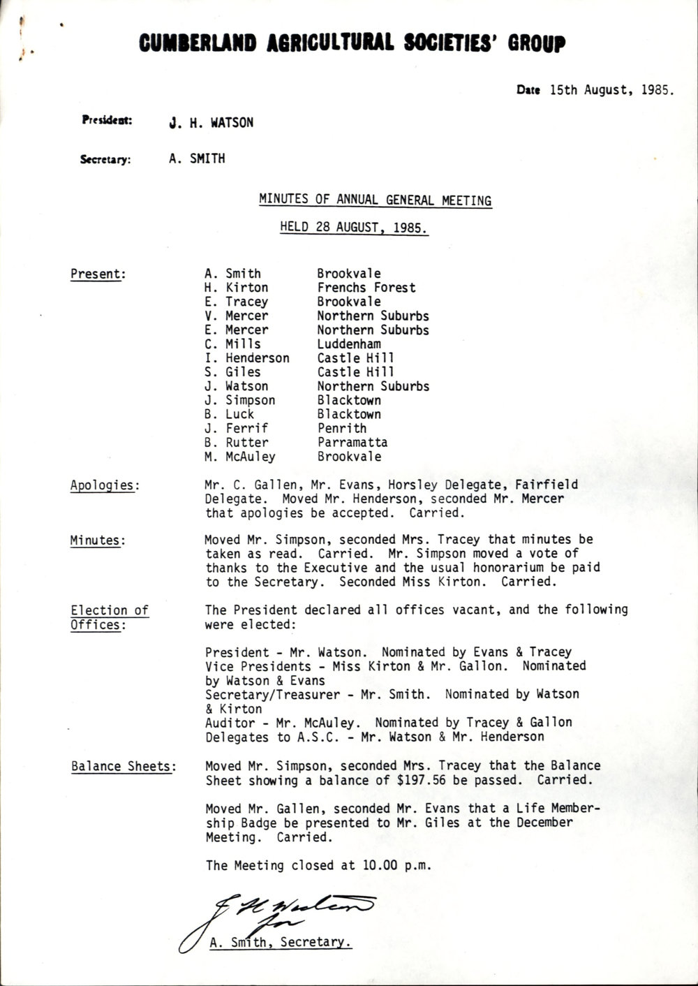 Cumberland Agricultural Societies' Group Meeting, August 1985