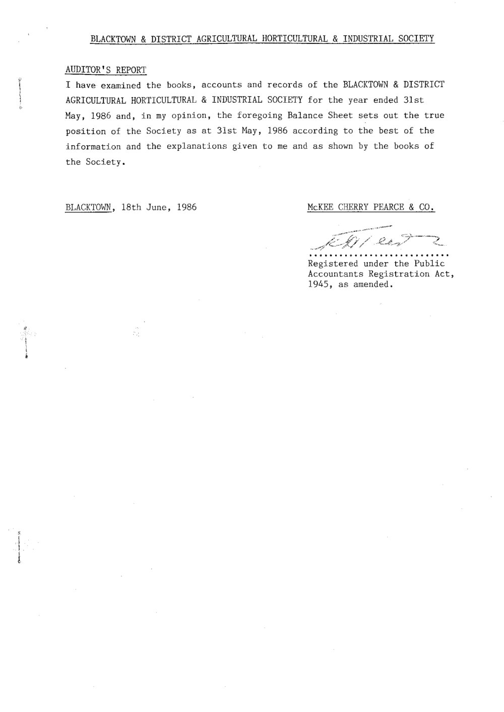 Blacktown and District Agricultural, Horticultural  &amp; Industrial Society Auditors Report, 1986