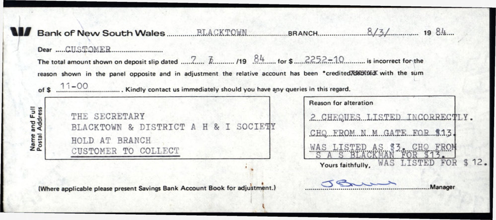 Blacktown and District Agricultural Horticultural Industrial Society Financial Records, 1984