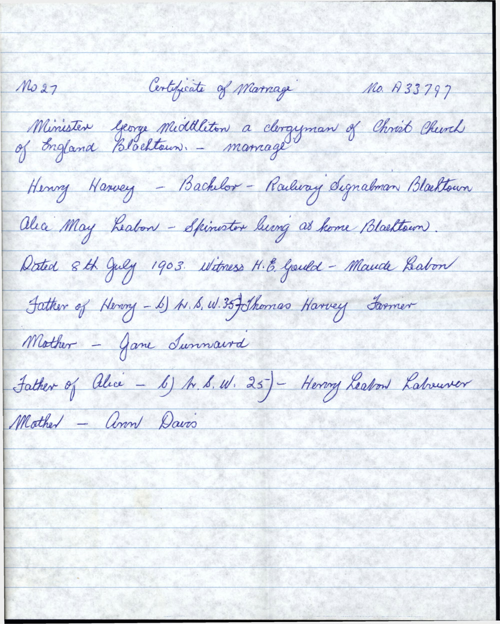 Handwritten Copy of Marriage between Henry Harvey and Alice May Leabon, 1903.
