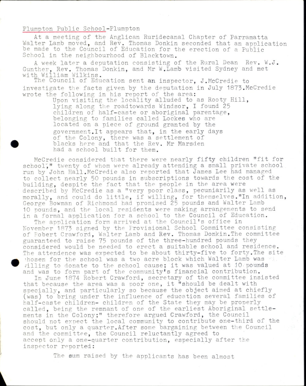 Plumpton Public School History, n.d.