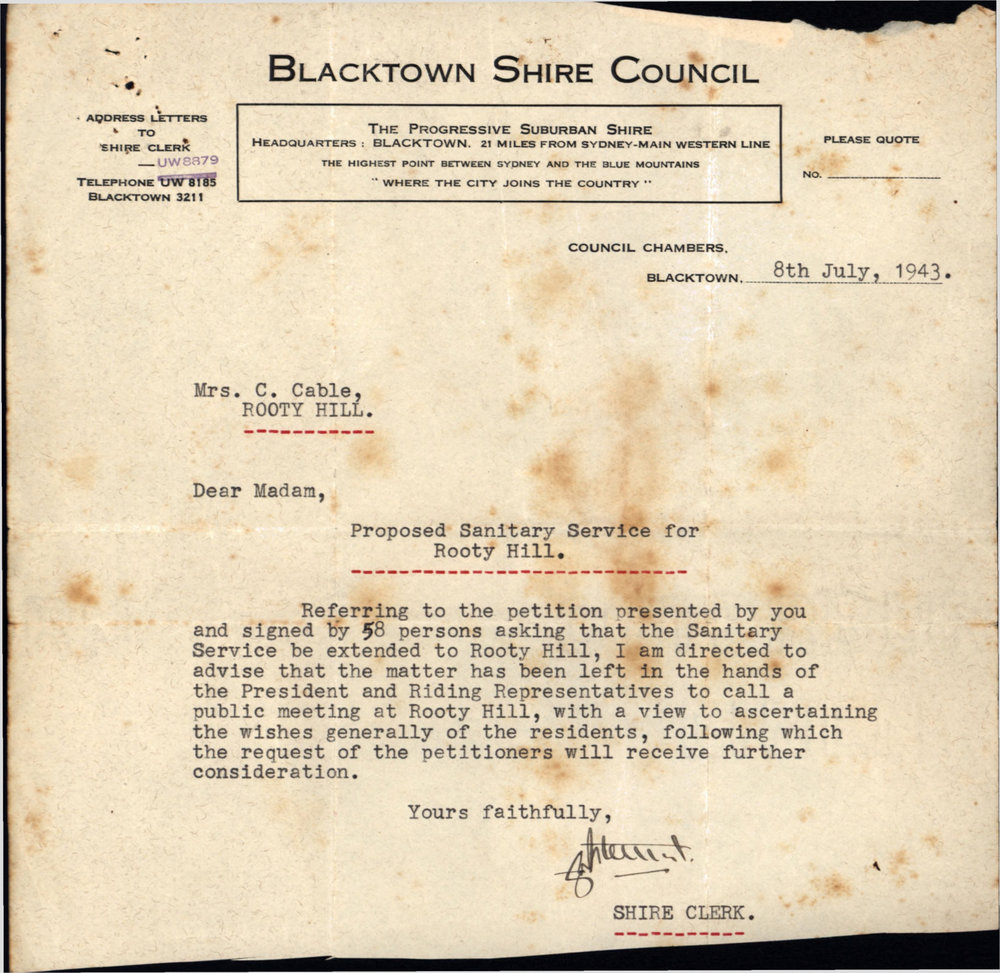 Proposed Sanitary Service for Rooty Hill, 1943