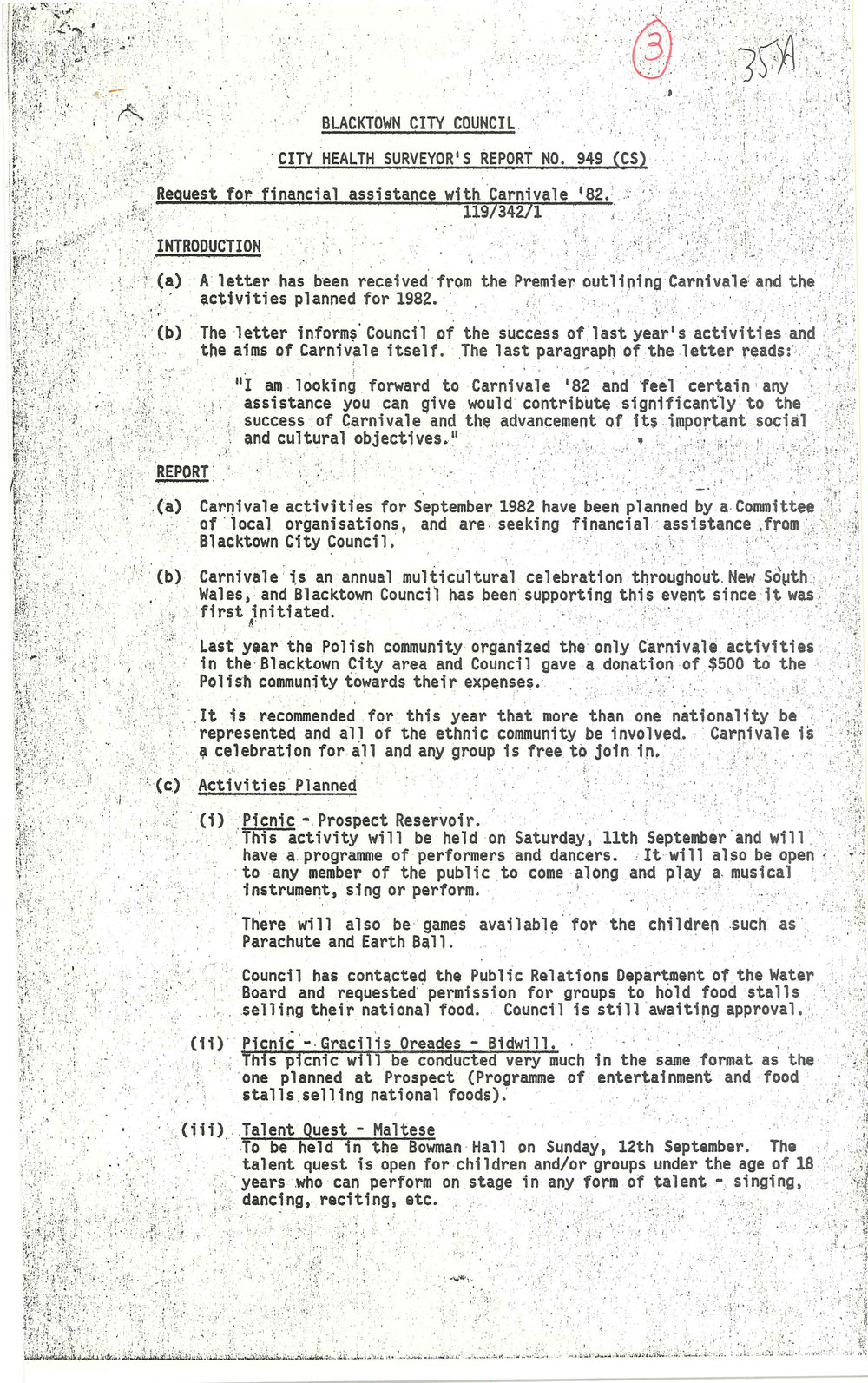 Request for Financial Assistance with Carnivale '82, 1982