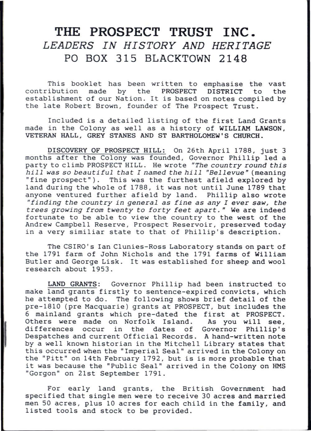 Prospect  Heritage Trust, History of Prospect