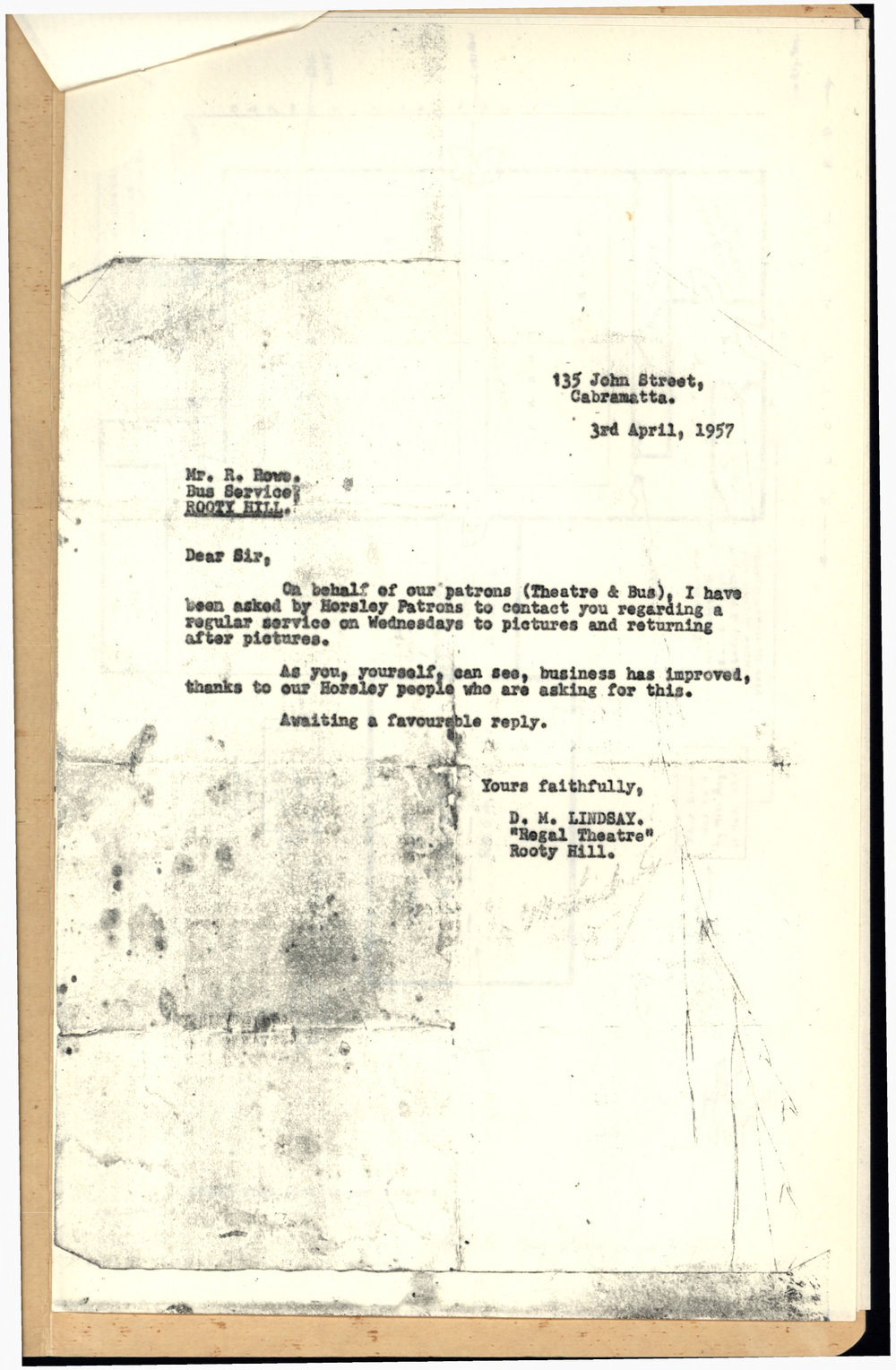 Letter from D M Lindsay to R Rowe, 1957