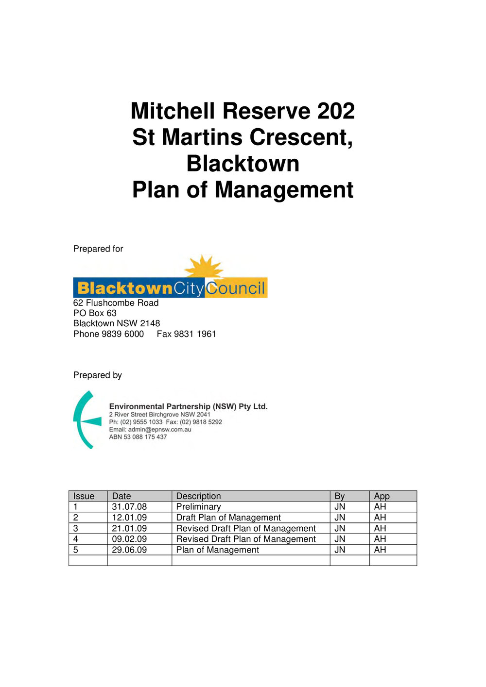 Mitchell Reserve, Reserve 202, St Martins Crescent Blacktown, Plan of Management, 2009