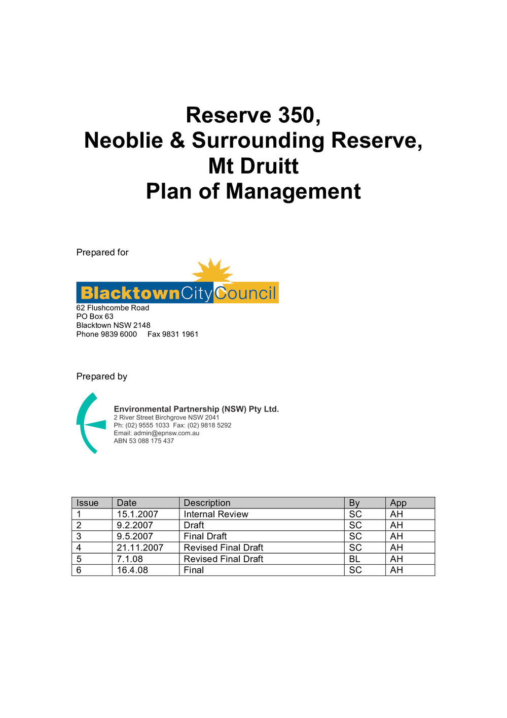 Reserve 350, Neoblie &amp; Surrounding Reserve, Mt Druitt Plan of Management, 2008